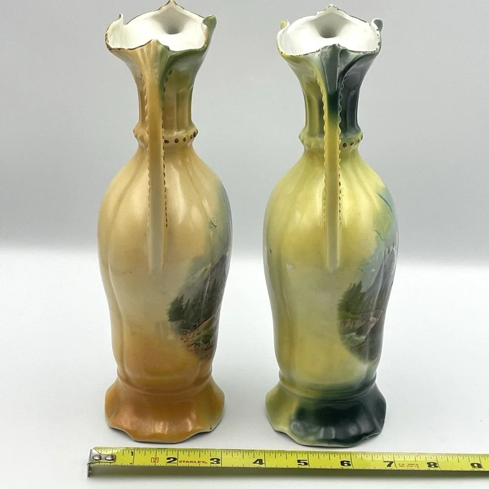 Antique Pair German Porcelain Scenic Mountain Landscape Double Handle Vases 10